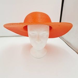 Vtg Ladies Orange Fashion Lg Wide Brim Floppy Straw Hat